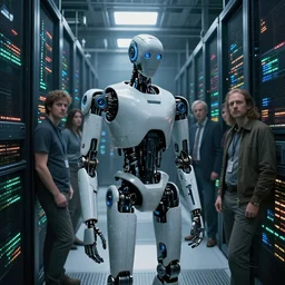 extremely detailed cinematic movie still 3 0 7 7 portrait shot of a robot in an endless data centre by denis villeneuve, wayne barlowe, simon birch, philippe druillet, beeple, foggy, volumetric sunlight from small windows
