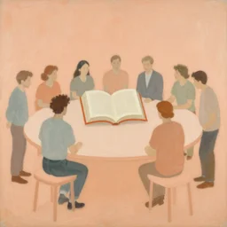 A beautiful painting of a group of people standing around a circular table. In the center of the table is a large, open book. The people in the painting are looking at the book with interest and appear to be discussing its contents. Cenozoic, light orange by Ettore Sottsass subdued, balmy