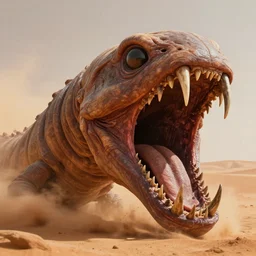 cinematic shot, hyper realistic, hyper detailed, the sarlacc - dune sandworm - hybrid, with mouth open showing razor sharp teeth, fantasy photography, arrakis desert environment, digital painting, volumetric lighting, trends at art station, a masterpiece, unreal 5 engine rendered, octane rendered, sharp focus, insane art by artgerm, greg rutkowski, deak ferrand and frank herbert