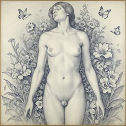 a painting of a human body surrounded by flowers and butterflies, a detailed painting by pieter van anraedt, featured on tumblr, naturalism, detailed painting, blueprint, biomorphic