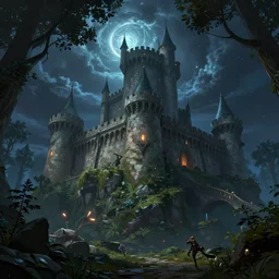 a medieval castle in a forest with a glowing night sky from an upward angle, style arcane tv series, style league of legends, trending on artstation
