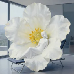 closeup, large flower face, white woman sitting on lounge chair by a modern window, surreal photography, studio light, impressionist painting, digital painting, artstation, simon stalenhag