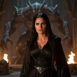 epic photo of salma hayek as beautiful wizard wearing a black satin robe and metal belt in lord of the rings with long straight black hair fighting the terrifying gigantic balrog in the mines of moria, sweaty, detailed eyes, neutral expression, shallow depth of field, photorealistic, cinematic lighting, lovely bokeh, dungeon setting, dark moody light, strong rim light, movie quality, fire light, flames, lord of the rings 1 9 8 5, movie still