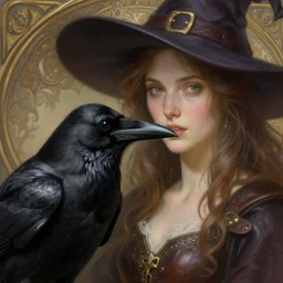 close up portrait of a crow and a female witch, soft hair, half body, leather, d & d, fantasy, intricate, elegant, highly detailed, digital painting, artstation, concept art, smooth, sharp focus, illustration, art by artgerm and greg rutkowski and alphonse mucha