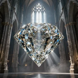 inside diamond, by Greg Rutkowski, concept art, fantasy, gothic cathedral, light through the mist, dramatic lighting, photorealistic, cinematic lighting, high detail, cinematic feel, high octane, 4K, Unreal Engine, digital render, intricate, ultra realistic, crepuscular ray, low angle, superwide shot, lunapunk
