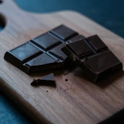 pieces of dark chocolate on a wooden cutting board, dramatic cool, close up, dslr photo
