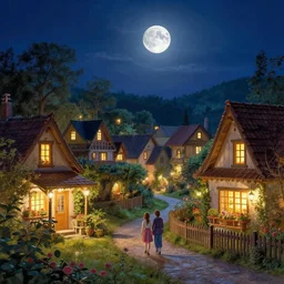 Cozy happy village at night by Thomas Kinkade, moonlight, enhanced lighting, hyperrealism, high detail, 8k, artstation