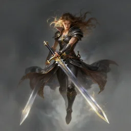 radiating swordman floating, windy, d & d, fantasy, portrait, highly detailed, digital painting, trending on artstation, concept art, sharp focus, illustration, art by artgerm and kenneth noland and greg rutkowski and magali villeneuve