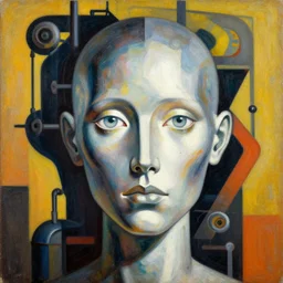 a portrait headshot of sci fi metallic human, bright eyes, melancholic complex geometric figure liminal machinery by oskar schlemmer, moebius, john berkey, film grain, oil on canvas, portrait facial head, featured on artstation, hd wallpaper, 8 k, bright colors, global lighting, radiant light