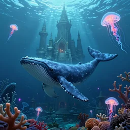 a highly detailed artstation concept art 8 k render of lost city under the deep sea, james paick, greg rutkowski, whale, coral, jellyfish, fluorescent, cinematic lighting, game asset, unreal engine, illustration, digital painting, sharp focus,, golden ratio, mythological, ultra realistic