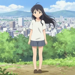 anime visual, full body portrait of a young female sightseeing in a park above the city, beautiful face by yoh yoshinari, katsura masakazu, dramatic lighting, dynamic pose, dynamic perspective, strong silhouette, anime cels, ilya kuvshinov, cel shaded, outlined edges!!, rounded eyes, moody, detailed character