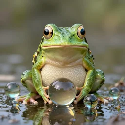 The Wednesday frog and all his orbs hanging out, high quality render, realistic reflections, reflective surfaces, natural lighting