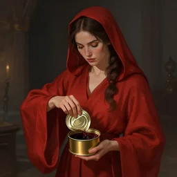 fantasy illustration of a woman wearing a crimson robe opening a small gold cannister full of dark liquid, trending on artstation, digital art ( by jesper ejsing ) ( by clint cearley ) ( by raluca marinescu )
