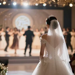 a bride in a wedding dress looking at a dancing stage with bokeh light effect in the background