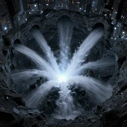 liquid nitrogen with darkwater-cooling coolant flowing through latent representations of dark graphite caverns undergoing centrifugal forces, illuminated by computer circuitry sticking out the walls, high detail, high contrast, 90s low-poly render, 4k upscaling