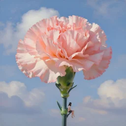 giant carnation flower head, woman sitting, surreal, clouds in sky, impressionist painting, digital painting, artstation, rob gonsalves