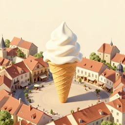 post - minimalism portrait of a giant ice cream cone in the town square of a medieval village, bird's eye view, golden clouds, vibrant uv reactive neon psychedelic color scheme, highly detailed, in the style of romanticism, cinematic, artstation, moebius, greg rutkowski