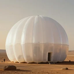 a strange huge translucent pvc inflated organic architecture building white by jonathan de pas sits in the planet mars landscape, golden hour, film still from the movie directed by denis villeneuve with art direction by zdzisław beksinski, close up, telephoto lens, shallow depth of field