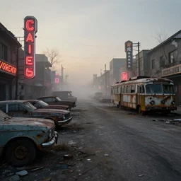 low wide angle shot of dilapidated fallout 5, desolate rugged street, dilapidated neon signs, few rusted retro futuristic vintage parked vehicles like cars, ( ( buses, trucks, trams ) ), volumetric lighting, photorealistic, foggy, early evening, winter, sharp focus, ultra detailed, 4 0 0 0 k