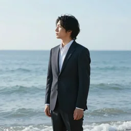 japanese man with long hair in a suit standing in the ocean looking at the camera, wide shot, far away, zoomed out, sunset, album cover, 1980, tatsuro yamashita, ride on time