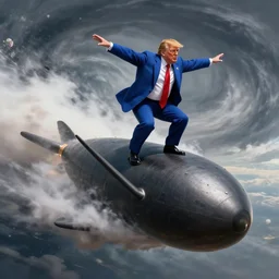 trump riding a atom bomb into a hurricane, trending on artstation, photorealistic, high resolution, octane, unreal engine, weta digital, e,