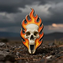 a retro minimalistic bones with fire flame enamel pin, hd, concept art