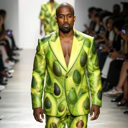 kanye west wearing a suit made of an avocado, runway photo