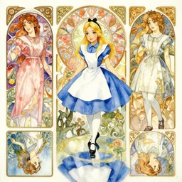 a beautiful insanely intricate watercolor painting of alice in wonderland, reflexions, colorfull, by william turner art, by greg rutkowski, by alphonse mucha, by james jean, by rossdraws, by frank franzzeta, by sakimichan, trending on artstation, insanely detailed, masterpiece,