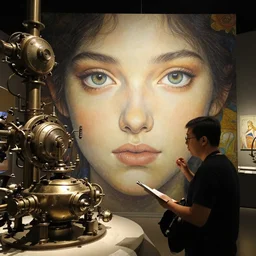 museum curator, night, 4 k, ultra realistic, beautiful eyes, epic lighting, machines, high detail, masterpiece, trending on artstation by artgerm and akihito tsukushi and alphonse mucha, crayons