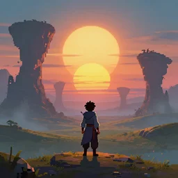 pixel are last air bender on an alien planet, sci - fi, two suns in the sky, sunset, strange rock formations, rolling hills, atmospheric, misty, artstation, deviantart