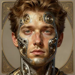 symmetry!! kurt russel, machine parts embedded into face, intricate, elegant, highly detailed, digital painting, artstation, concept art, smooth, sharp focus, illustration, art by artgerm and greg rutkowski and alphonse mucha, 8 k