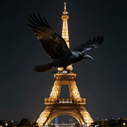 Giant crow flying over paris, photography, 4K, night