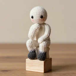amigurumi crocheted toy they looks like the statue the thinker by rodin, sitting on a wooden toy block