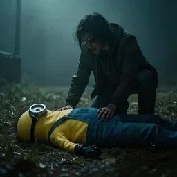a guy grabbing a dead body of a minion, fog, mid night, scary, horror, real life
