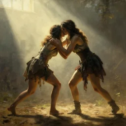 two post apocalyptic girls wrestling, light streaming in, art by anders zorn, wonderful masterpiece by greg rutkowski, beautiful cinematic light, american romanticism thomas lawrence, greg rutkowski