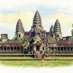 Colored Pencil drawing, AngkorWat skyline, octane render, highly detailed