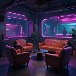 concept art of cyberpunk 2 0 7 7 lounge environment, few chairs, neon, by marta leydy, highly detailed, 8 k, hdr, studio, matte painting, digital illustration, artstation