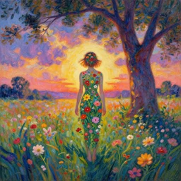 flower growing out of girl body, standing in a flower field, big trees, sunrise dramatic light, impressionist painting, colorful clouds, digital painting, pointillism, artstation, simon stalenhag