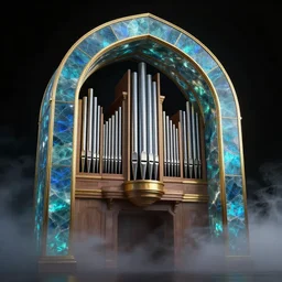 pipe organ in an arch, obsidian walls with gold trim, by peter mohrbacher dan mumford craig mullins nekro, cgsociety, pixiv, volumetric light, 3 d render, smoke, dark fog, high contrast colors