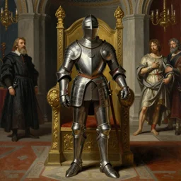Realistic painting of a medieval knight in full armor standing in a throne room in a palace , high-detailed oil painting by Ilya Repin, William Blake, Michelangelo da Caravaggio, Alex Grey and Beksinski, masterpiece, 4k