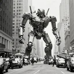 old black and white photo, 1 9 1 3, depicting a giant biomechanical alien monster kaiju robot fighting the army through the bustling streets of new york city, historical record