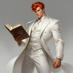 a highly detailed illustration of short ginger haired man wearing white suit, dramatic holding book pose, muscular, intricate, elegant, highly detailed, centered, digital painting, artstation, concept art, smooth, sharp focus, league of legends concept art, WLOP