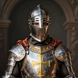 man in decorated crusader armor and crusader helmet and big golden cross on his chest plate