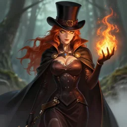 full portrait of a dark fantasy female pyromancer, smug, skintight dress, cloak, redhead, yellow eyes, top hat, finesse, key visual, realistic shaded perfect face, fire, fine details, forest background, smooth, highly detailed, digital illustration, by artgerm, rossdraws, frank franzzeta