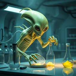 lemon alien, in a lab doing alien experiments, fantasy, highly detailed, white lab, modern alien lab, mist
