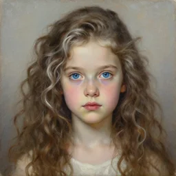 portrait of a 5 5 years old woman with long curly brown and white hair and blue eyes, beautiful painting by artgerm and greg rutkowski