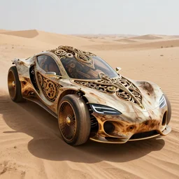 hyper realistic concept art of an ancient intricate futuristic car made of metallic bone carved with burned wood and gold details in the desert, ornate, mechanical, gears, tesla car design, volumetric lighting, hyper realistic, extremely detailed