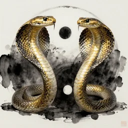 realistic scene of cobras as ying yang, golden, 1 4 5 0, ink, ultra realistic, 8 k
