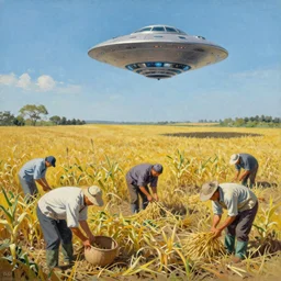 a vivid painting of a group of hardworking farmers harvesting in a yellow corn field. in sunny blue sky a high-tech alien UFO flies by. In the style of neo rauch, made by neo rauch.