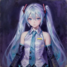A portrait of Vocaloid Hatsune Miku by Alberto Burri, sad, omnious, purple colors, award-winning, highly detailed palette knife oil painting, thick impasto, painterly, autochrome, pinhole, realistic lighting, chiaroscuro, very ethereal, very ethereal, silver color, dark, chiaroscuro, nacre, pastel oil inks, paint-on-glass painting by